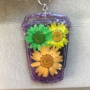Handmade Floral & Purple Glitter Coffee Cup or Tea Lover Resin Key Chain Charm